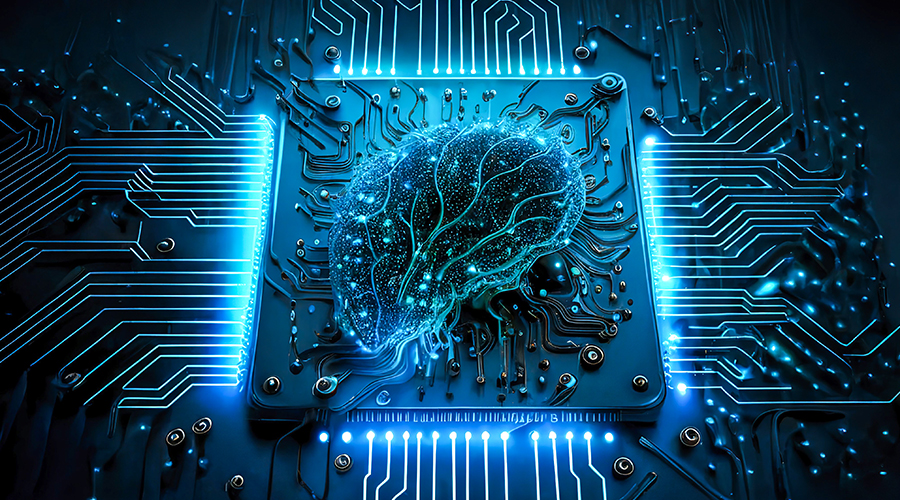 Photo illustration of brain connecting with a computer