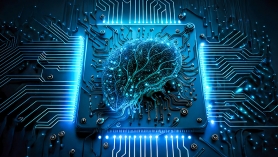 Photo illustration of brain connecting with a computer