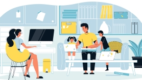 Illustration of students and parents at home